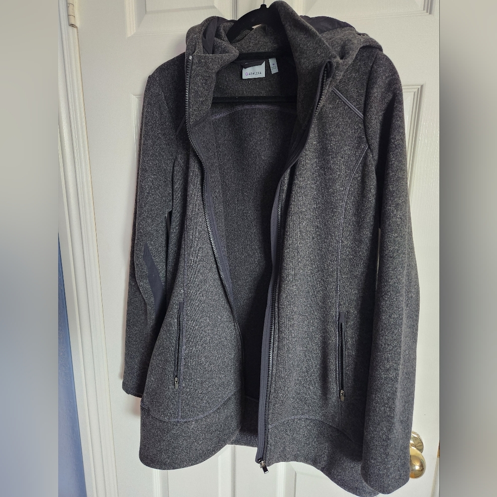Athleta Sweater Fleece Zip Up Long Hooded Jacket Charcoal Gray Size Medium
